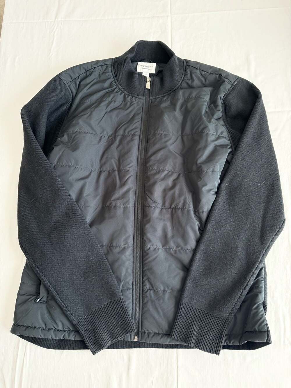 Black Varsity Bomber Jacket — Quilted Panel & Knit Sleeves L fallfashion